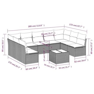 10-delige Loungeset met kussens poly rattan grijs