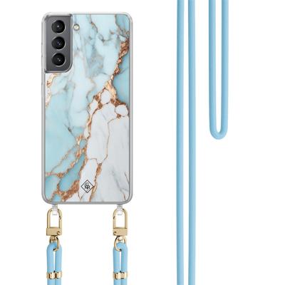 Samsung Galaxy S21 hoesje met blauw koord - Marmer lichtblauw