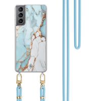 Samsung Galaxy S21 hoesje met blauw koord - Marmer lichtblauw - thumbnail