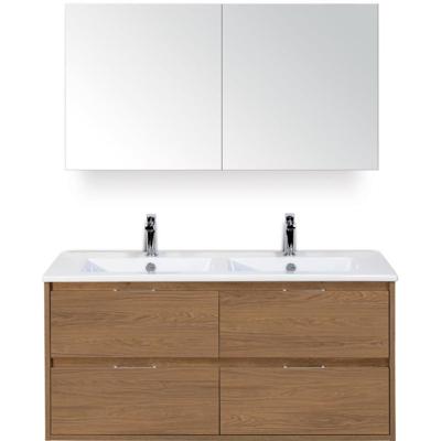 Porto Badmeubelset 120 cm - 4 Laden Honey - Keramische Wastafel Wit Slim met Spiegelkast