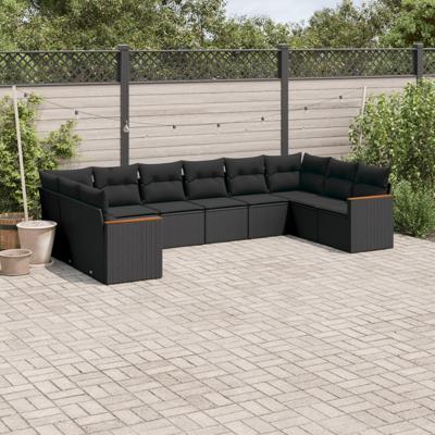 11-delige Loungeset met kussens poly rattan zwart