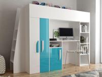 Samengesteld bed PARADISIO 90x200 cm wit/hoogglans blauw met ladder aan de linkerzijde - thumbnail