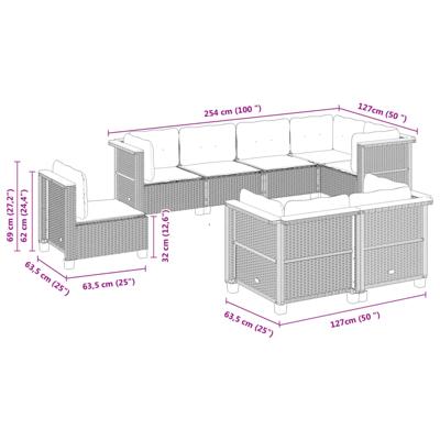 8-delige Loungeset met kussens poly rattan grijs