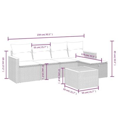 6-delige Loungeset met kussens poly rattan grijs