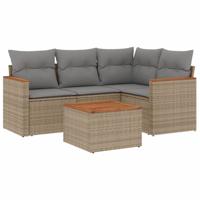 5-delige Loungeset met kussens poly rattan gemengd beige - thumbnail