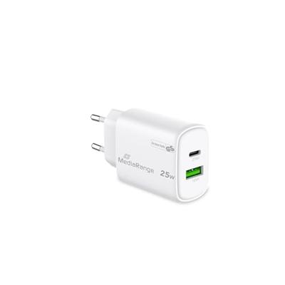 MediaRange GaN snellaadadapter van 25 W, EU-stekker, 1 x USB-C en 1 x USB-A, ondersteunt USB-C® Power Delivery en Quick Charge™, wit