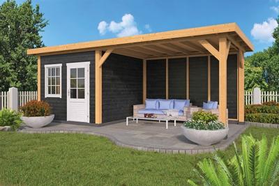 Tuindeco Holten tuinhuis 300x350 cm + overkapping 440 cm ongezaagd houtpakket Lariks/Douglas blank- Plat dak- Onbehandeld lariks Douglas hout- Tuindeco