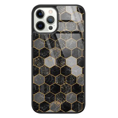 iPhone 12 Pro glazen hardcase - Hexagons zwart iPhone 12 Pro glazen hardcase - Hexagons zwart