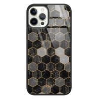 iPhone 12 Pro glazen hardcase - Hexagons zwart - thumbnail