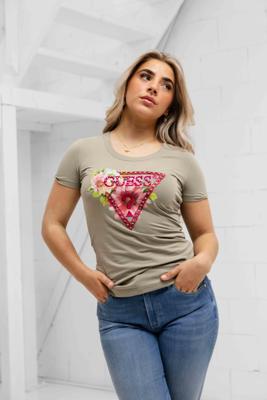 Guess Triangle Beads T-Shirt Dames Donkergroen - Maat XS - Kleur: DonkergroenRoze | Soccerfanshop