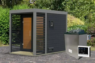 Karibu | Ares 1 Buitensauna | Antraciet-Grijs | Kachel 9 kW Externe Bediening Karibu | Ares 1 Buitensauna | Antraciet-Grijs | Kachel 9 kW Externe Bediening