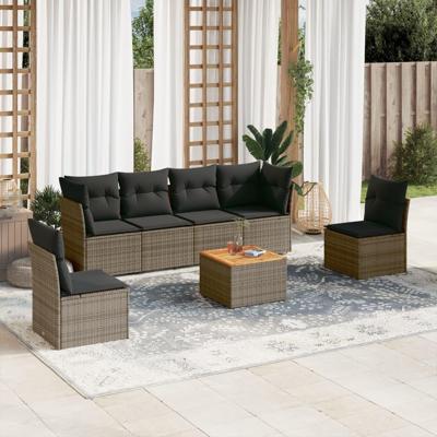 7-delige Loungeset met kussens poly rattan grijs