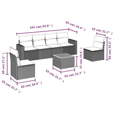 7-delige Loungeset met kussens poly rattan grijs - thumbnail
