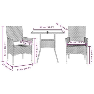 3-delige Tuinset met kussens poly rattan en glas grijs