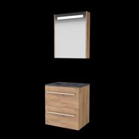 Basic-Line Premium 46 Badkamermeubelset - 60 x 46 cm - Met Grepen - 2 Lades - Hardstenen Wastafel - 1 Kraangat - Spiegelkast met LED Verlichting - Whisky Oak - thumbnail