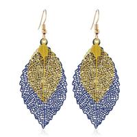 Dubbel gelaagde verlaat Tassel Earrings eenvoudige retro metalen blad-oren ornamenten (Royalblue Yellow) - thumbnail