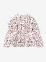 Meisjesblouse met ruches met bloemenprint ecru - thumbnail