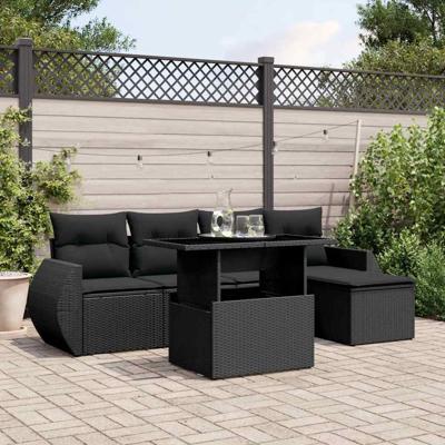 6-delige Loungeset met kussens poly rattan zwart