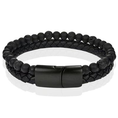Memphis Heren armband zwart leer Agaat kralen Edelstaal magneet sluiting - 18.5cm