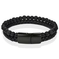 Memphis Heren armband zwart leer Agaat kralen Edelstaal magneet sluiting - 18.5cm - thumbnail