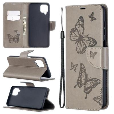 Voor Samsung Galaxy A12 Twee vlinders embossing patroon horizontale flip lederen case met houder & kaartslot & portemonnee & lanyard(grijs) Voor Samsung Galaxy A12 Twee vlinders embossing patroon horizontale flip lederen case met houder & kaartslot & portemonnee & lanyard(grijs)