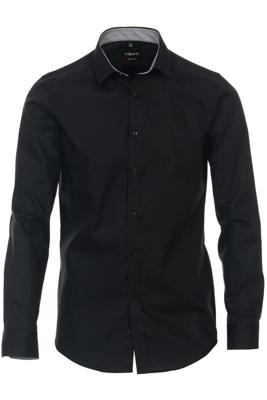 Venti Heren Overhemd Zwart Contrast Poplin Kent Body Fit