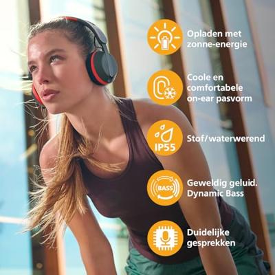 Philips TAA6219BK 6000-serie Over Ear zelfopladende Bluetooth-koptelefoon voor sport op zonne-energie, batterijreserve van 80 uur, ideaal voor fitness, hardlopen en andere sporten - Zwart en Rood