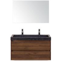 Dante Badmeubelset 100 cm - Walnoot - Wastafel Hardsteen Wit Lucca 2 Kraangaten met Spiegel - thumbnail