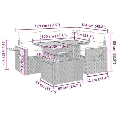 5-delige Loungeset met kussens poly rattan en acaciahout beige