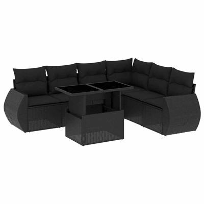 7-delige Loungeset met kussens poly rattan zwart - thumbnail