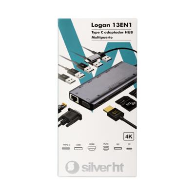 Silver HT-adapter type C hub 13 in 1 van aluminium. Compatibel met MacBook 2015/2016, MacBook Pro, MacBook Pro 2017, MacBook 2018 en Samsung DEX, Nintendo Switch, pc, tablet, smartphone.