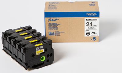 Brother HGe-651V5 Labeltape Set van 5 stuks Tapekleur: Geel Tekstkleur: Zwart 24 mm 8 m Brother HGe-651V5 Labeltape Set van 5 stuks Tapekleur: Geel Tekstkleur: Zwart 24 mm 8 m