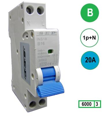20A B SEP Installatie automaat B20 1polig+n 6kA 18mm breed