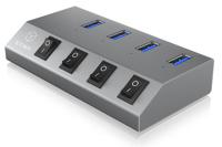 ICY BOX IB-Hub1405 4-voudige USB 3.0 hub en oplader, aan-/uitschakelaar voor elke poort, voeding (5V/4A), aluminium, oplaadstandaard BC 1.2, grijs - thumbnail