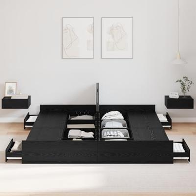 Opbergbedframe met lade Zwart eiken 200 x 200 cm Bewerkt hout