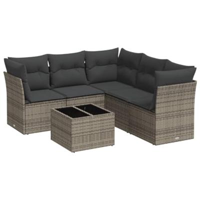 6-delige Loungeset met kussens poly rattan grijs