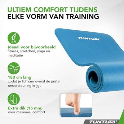 Tunturi NBR Yogamat met Draagtas | Fitness mat Extra dik & zacht | Sportmat | Anti slip | 180x60x1.5cm | Incl Trainingsapp | Petrol Blauw