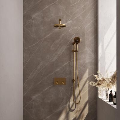 Brauer Gold Carving Thermostatische Regendoucheset Inbouw - Hoofddouche 20 cm - Rechte Wandarm - Met Drukknoppen - Handdouche 3 Standen - Doucheslang - Geintegreerde Glijstang - Geborsteld Goud