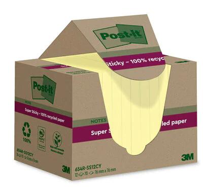 Post-it Super Sticky Notes Recycled, 70 vel, ft 76 x 76 mm, geel, pak van 12 blokken