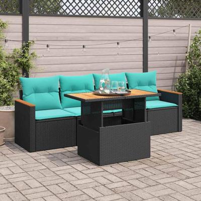 5-delige Loungeset met kussens poly rattan zwart