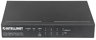 Intellinet 5-poorts Gigabit Ethernet PoE+ Switch met SFP Combo-Port 4X PSE-poorten IEEE 802.3at/af Power Over (PoE+/PoE) 80 W Desktopswitch 561174 zwart