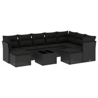 9-delige Loungeset met kussens poly rattan zwart - thumbnail