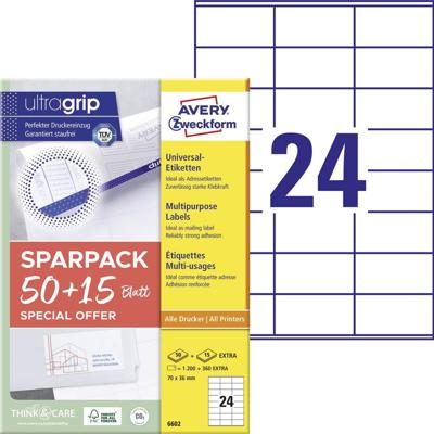 Avery-Zweckform 6602 Universele etiketten 70 x 36 mm Papier Wit 1560 stuk(s) Permanent hechtend Laser (kleur), Laser (zwart/wit)