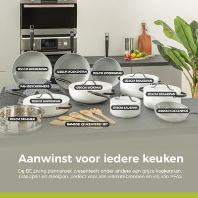 BE Living Steelpan met deksel ø 18 cm - keramische anti-aanbaklaag - PFAS-vrij - geschikt voor alle warmtebronnen - wit - thumbnail