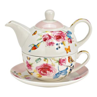 Set van 3 theepotten met rozenmotief, van porselein, roze (B/H/D) 15x16x15 cm 400 ml/250 ml