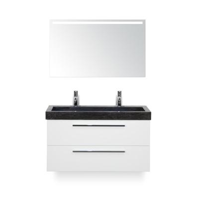 Seville Badmeubelset 100 cm - Wit Hoogglans - Wastafel Lucca 2 kraangaten - met Sence Spiegel
