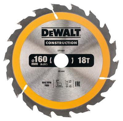 DeWALT Cirkelzaagblad voor Hout | Construction | Ø 160mm Asgat 20mm 18T - DT1931-QZ