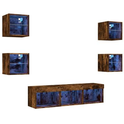 7-delige tv-wandmeubelset met LED bewerkt hout gerookt eiken