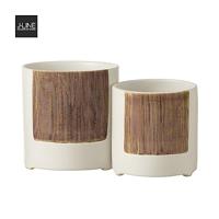 J-Line bloempot Ibiza Rond - keramiek - wit|bruin - small - Ø 12 cm - thumbnail