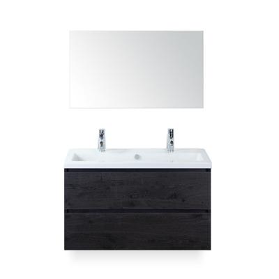 Vogue Badmeubelset 100 cm - Greeplijst in kleur - Black Oak - Keramische Wastafel Wit 2 kraangaten - met Spiegel